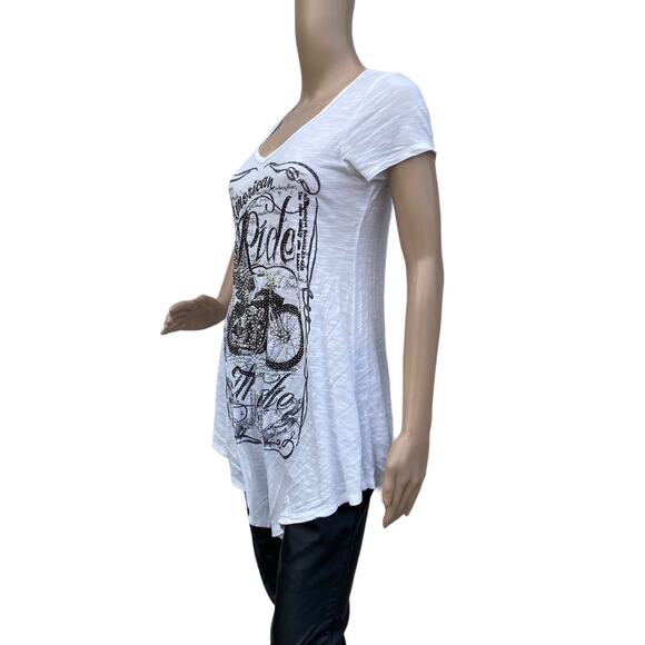 Vocal Women's White Burnout Rhinestones Studded Asymmetrical Hem Tee Shirt L - Picture 2 of 6